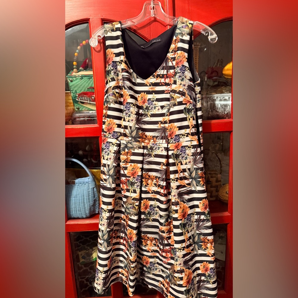 Floral & Black-White Stripe Fit-and-Flare Dress